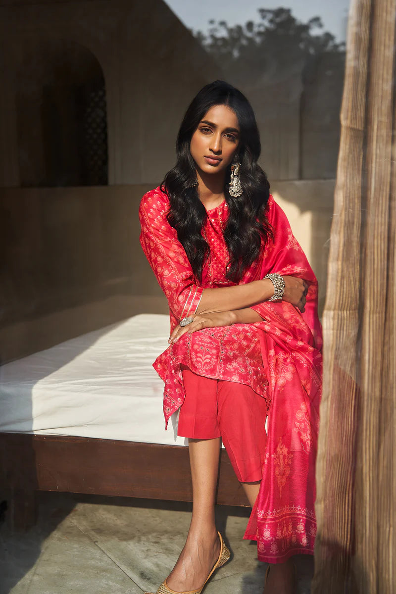 HERITAGE INDIA - PINK CHANDERI SUIT SET (WITH PANTS AND DUPATTA)