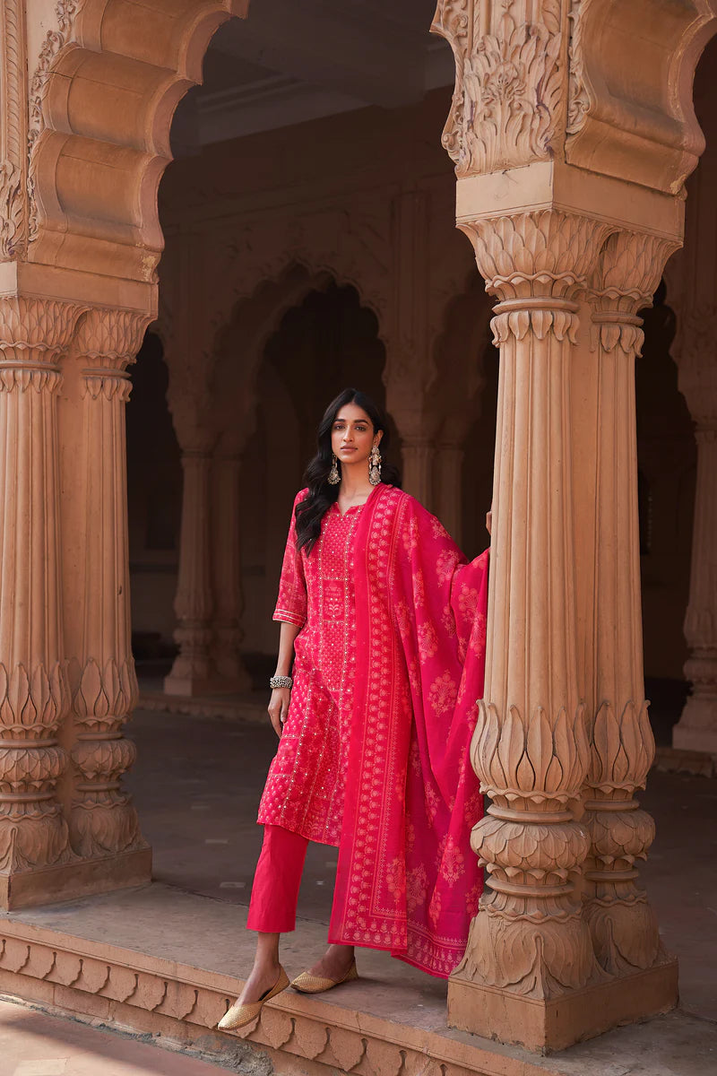 HERITAGE INDIA - PINK CHANDERI SUIT SET (WITH PANTS AND DUPATTA)