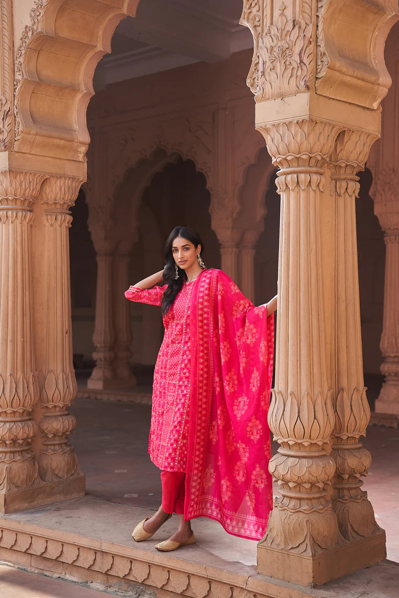 HERITAGE INDIA - PINK CHANDERI SUIT SET (WITH PANTS AND DUPATTA)