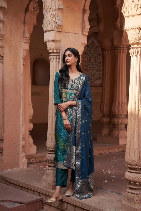 HERITAGE INDIA - BLUE DOLA JACQUARD SUIT SET (WITH PANTS AND DUPATTA)