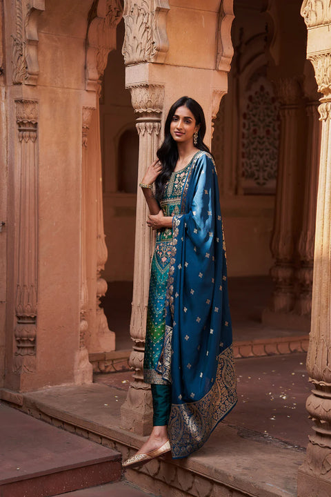 HERITAGE INDIA - BLUE DOLA JACQUARD SUIT SET (WITH PANTS AND DUPATTA)