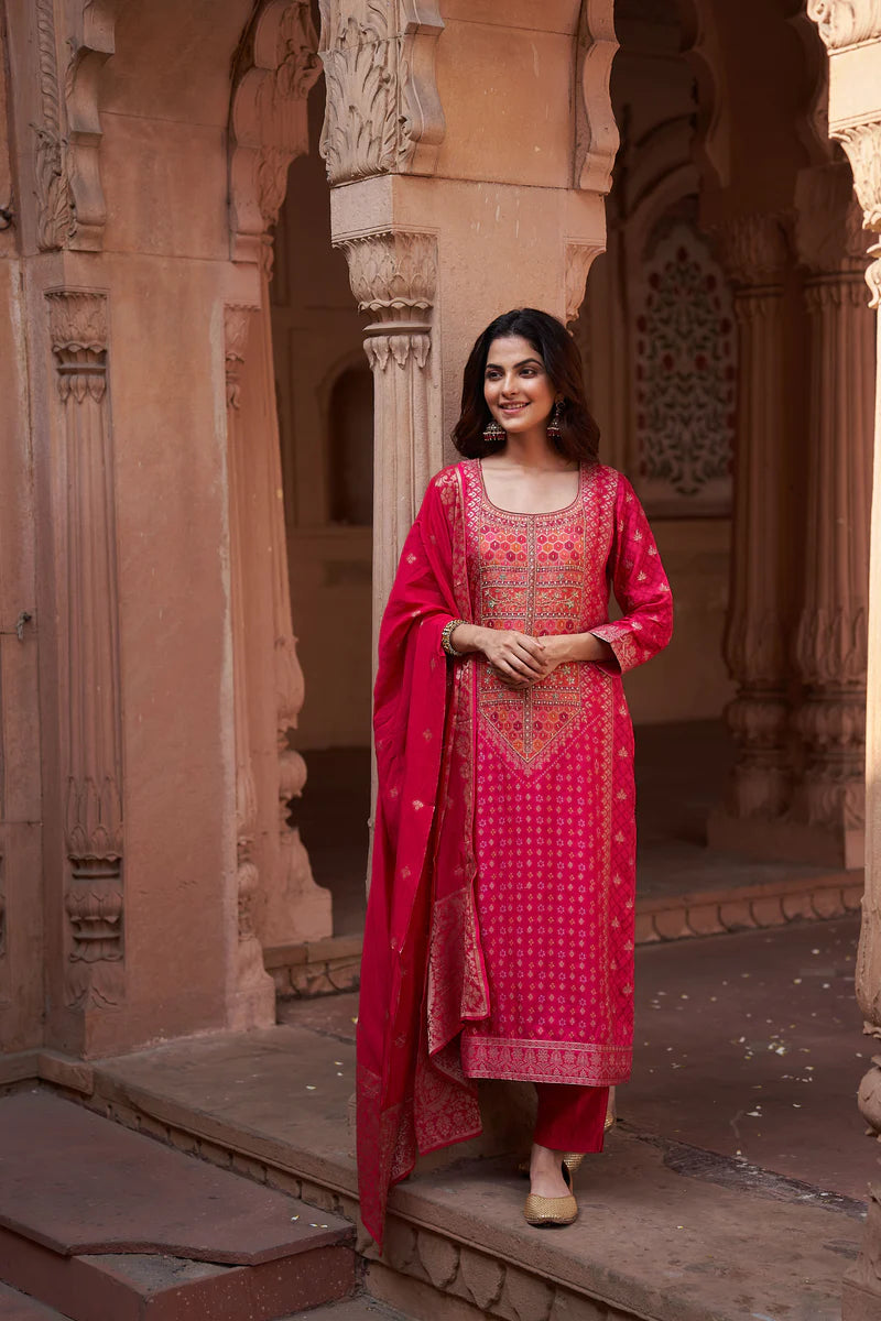 HERITAGE INDIA - PINK DOLA JACQUARD SUIT SET (WITH PANTS AND DUPATTA)