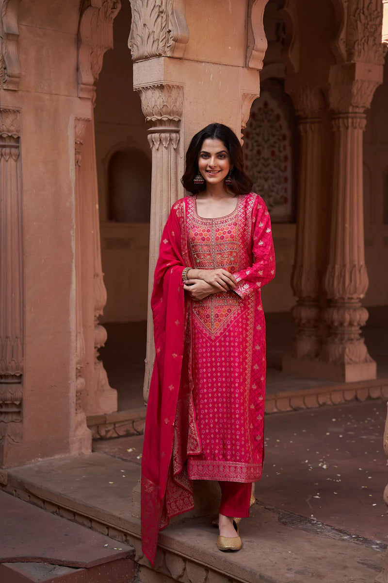 HERITAGE INDIA - PINK DOLA JACQUARD SUIT SET (WITH PANTS AND DUPATTA)