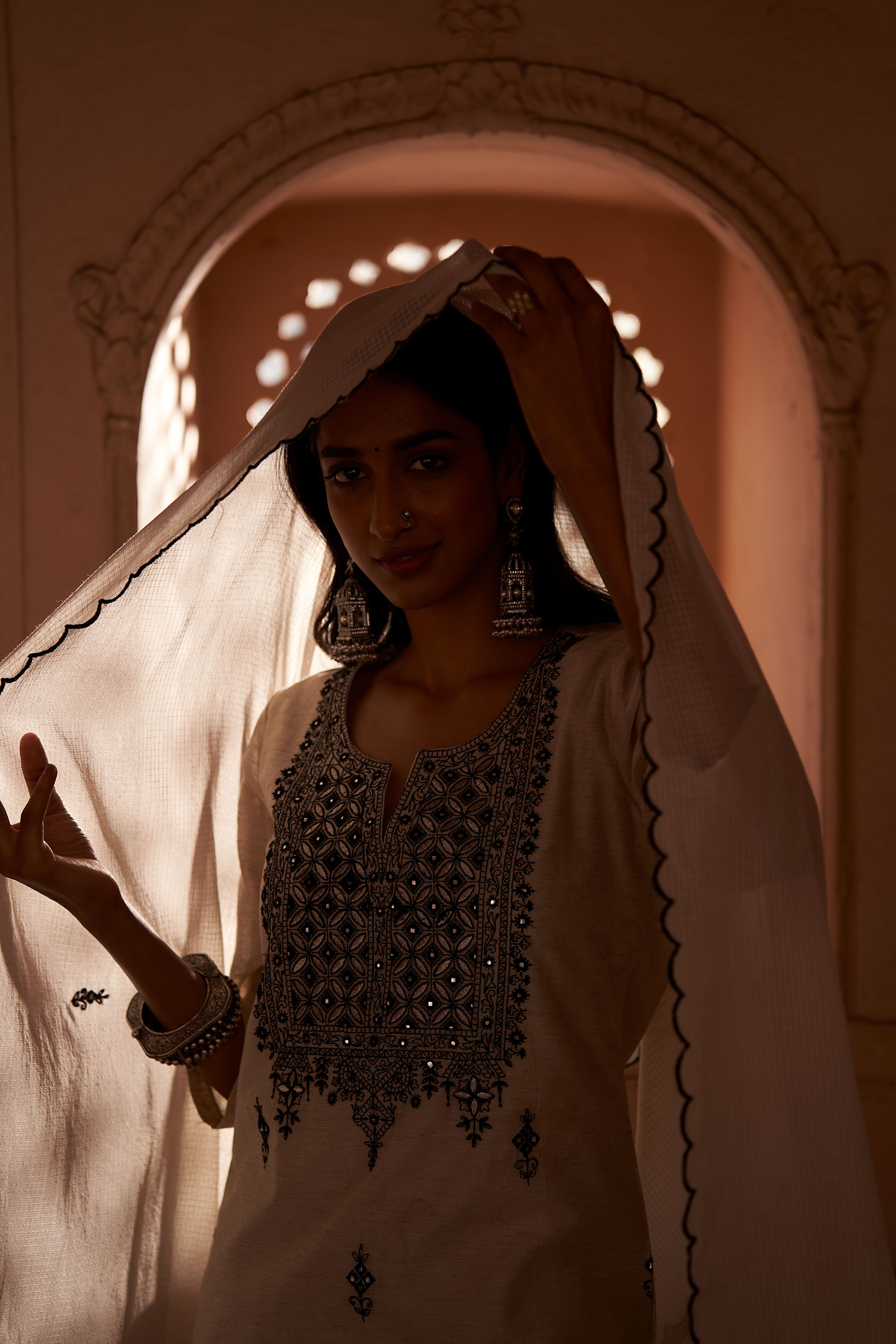 HERITAGE INDIA - OFF WHITE COTTON CHANDERI SUIT SET (WITH PANTS AND DUPATTA)