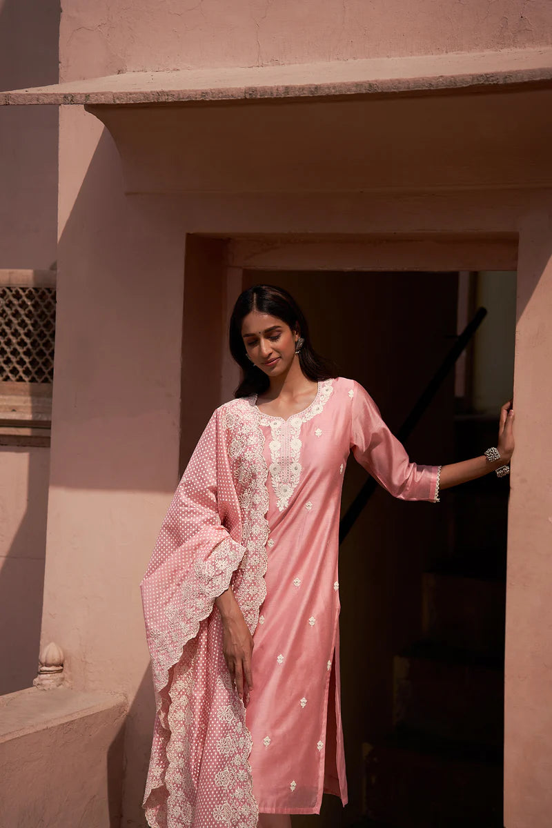 HERITAGE INDIA - CARNATION PINK CHANDERI THREAD WORK SUIT SET (WITH PANTS AND DUPATTA)
