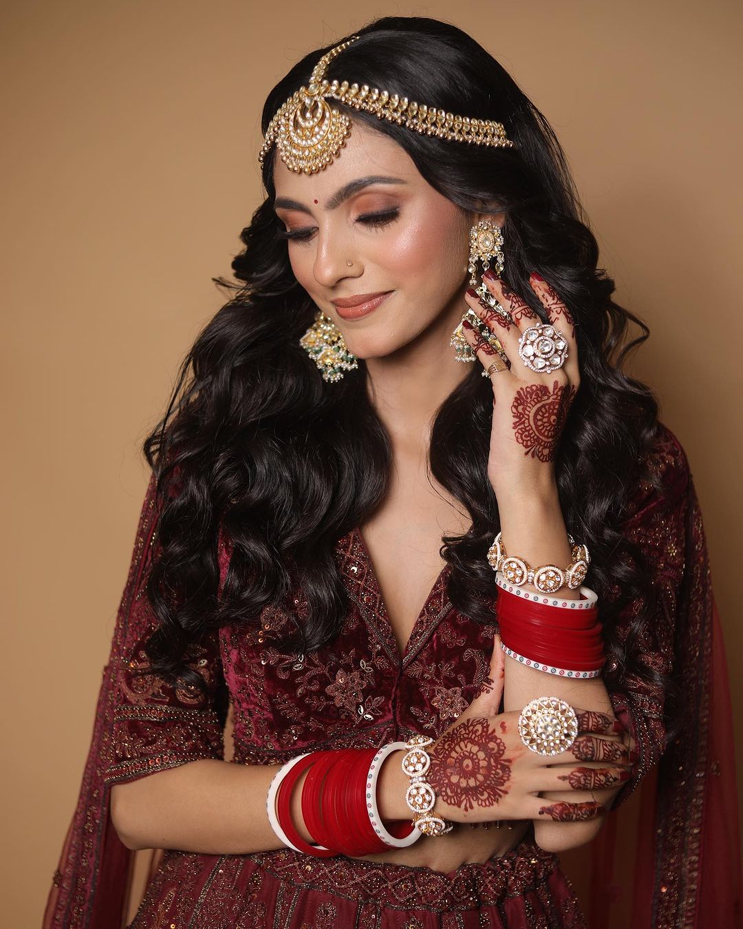 Maroon Organza V Neck Embroidered Lehenga Set For Women