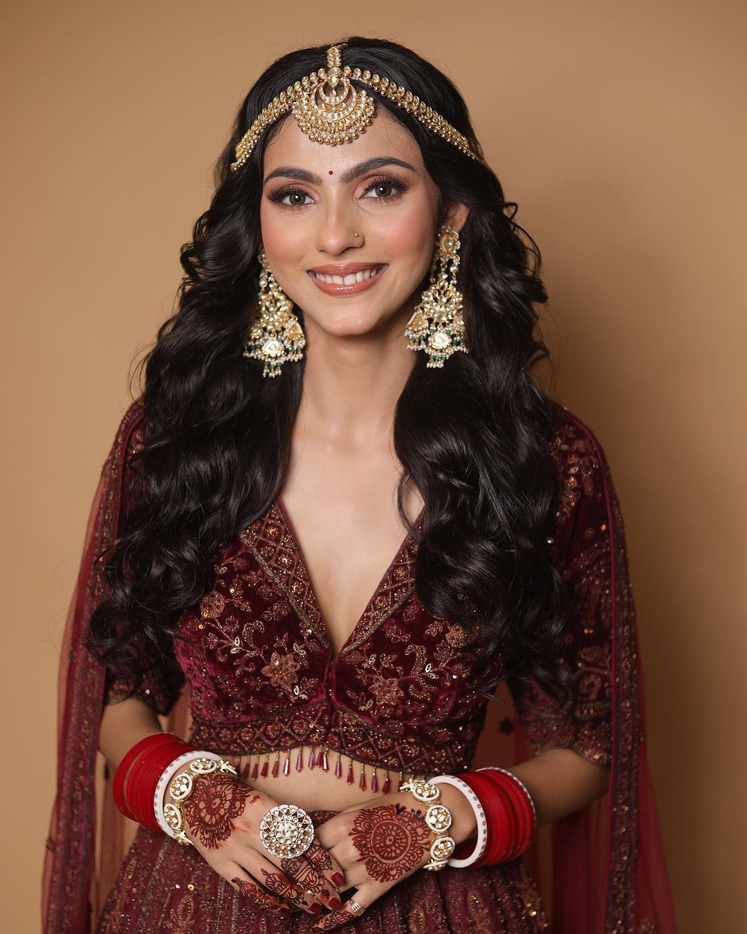 Maroon Organza V Neck Embroidered Lehenga Set For Women