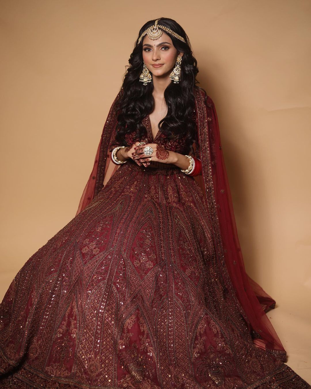 Maroon Organza V Neck Embroidered Lehenga Set For Women