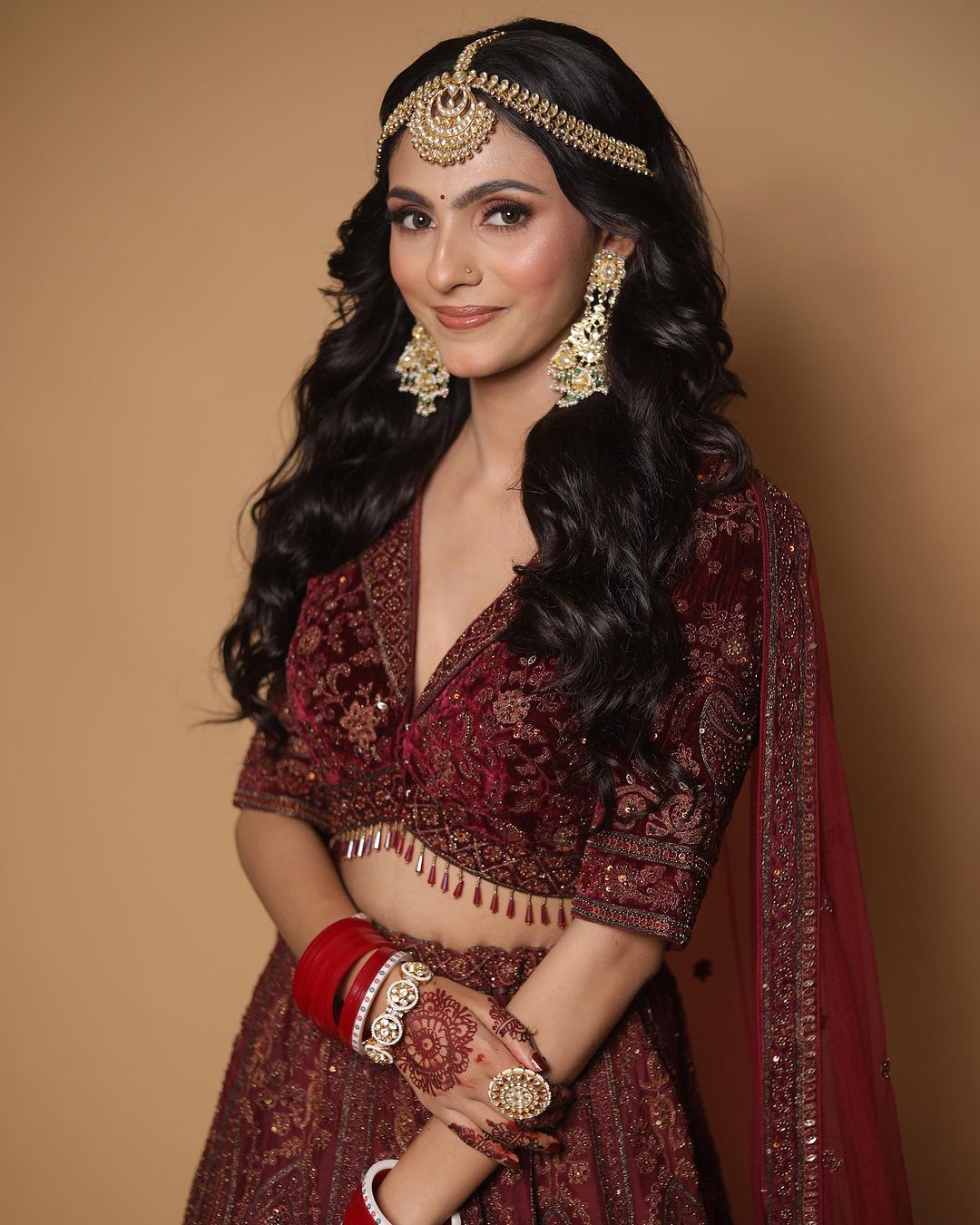 Maroon Organza V Neck Embroidered Lehenga Set For Women