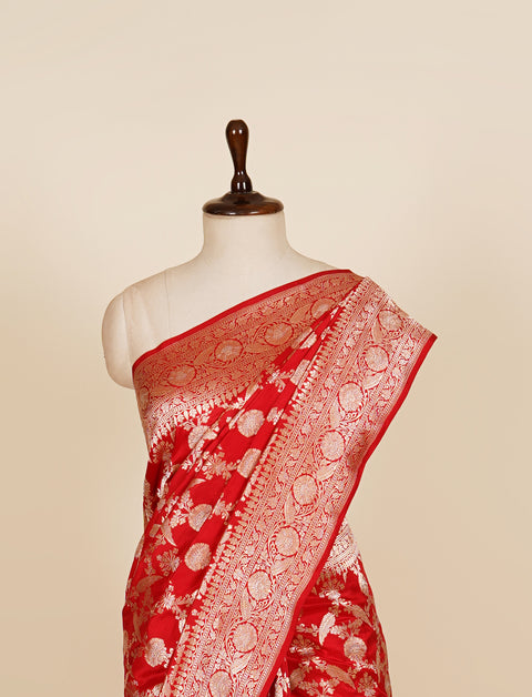 Red Banarasi Silk Handloom Pure Saree For Women
