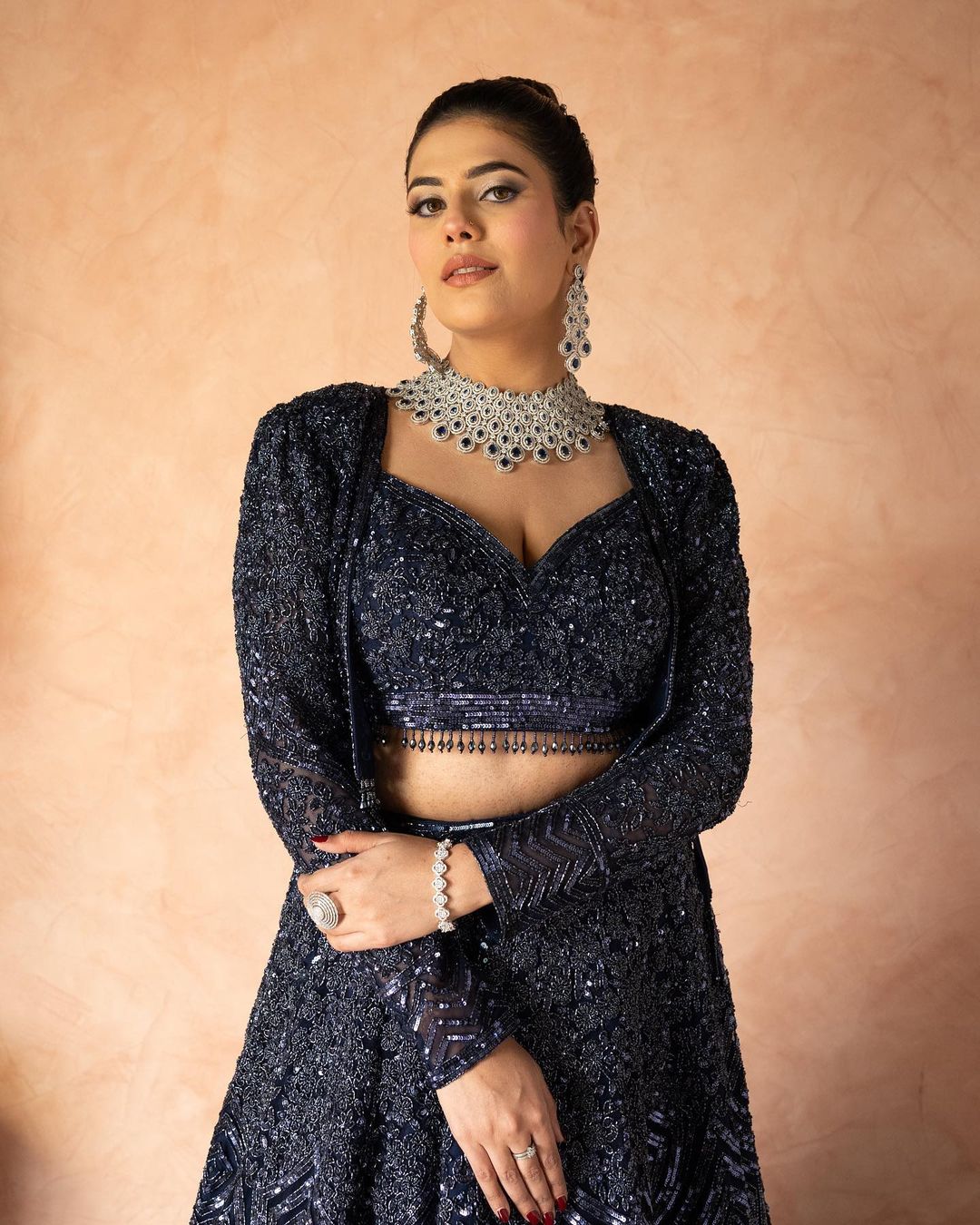 Blue Net Embroidery Sweetheart Neck Lehenga Set For Women