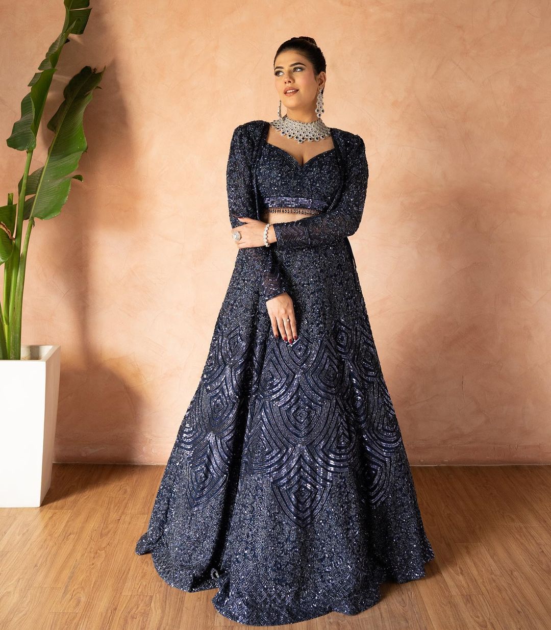 Blue Net Embroidery Sweetheart Neck Lehenga Set For Women