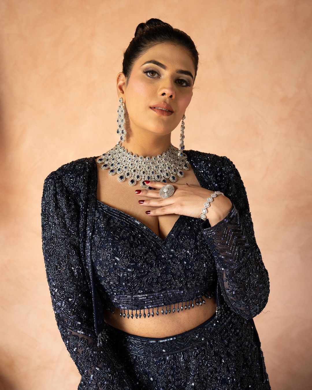 Blue Net Embroidery Sweetheart Neck Lehenga Set For Women