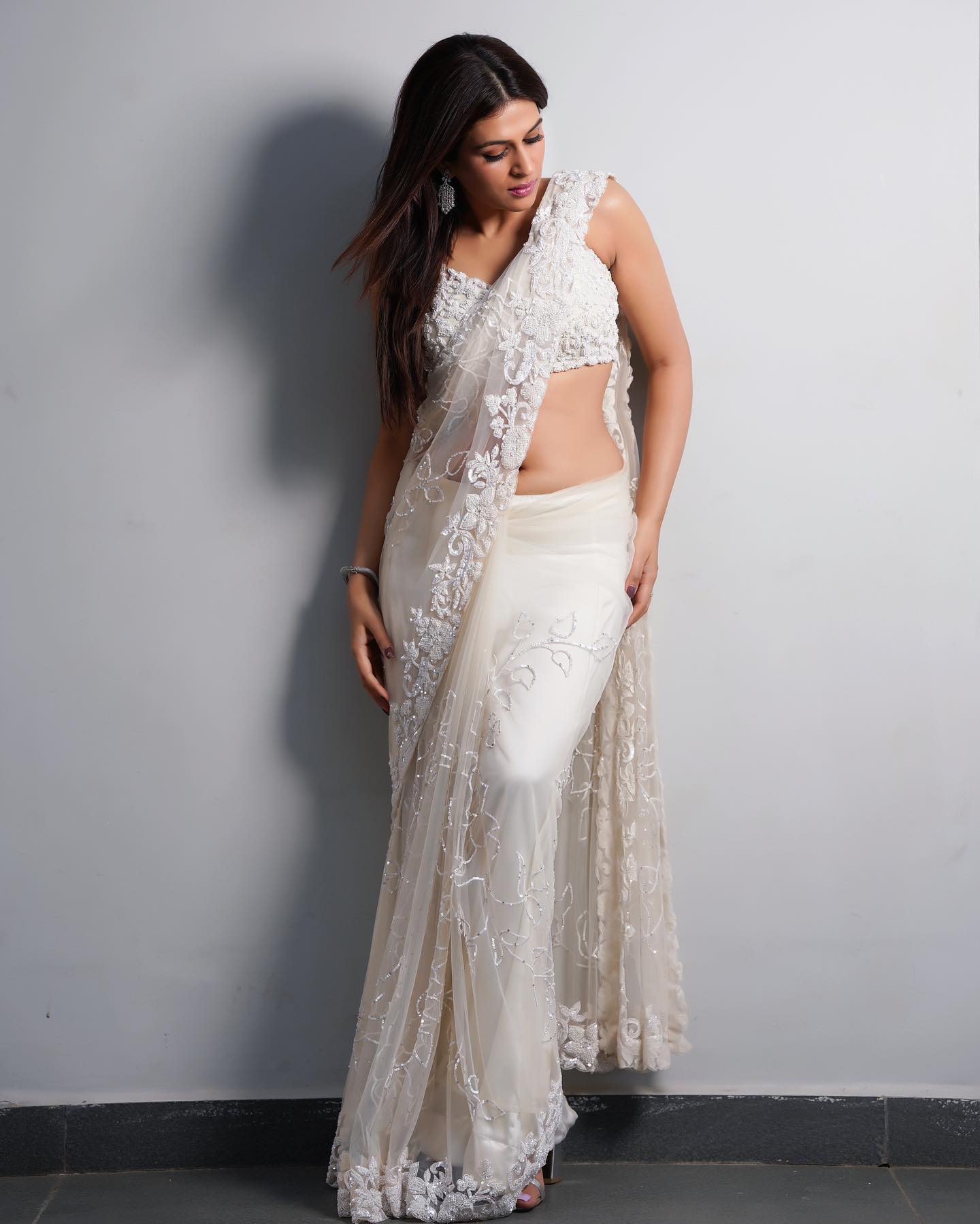 Ivory Net Saree with Sequin Work and Sleeveless Jaal Embroidered Blouse