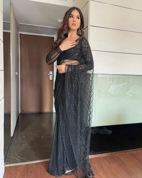 Captivating Black Net Saree with Cut Dana and Sequin Work, Paired with Sweetheart Neckline Blouse