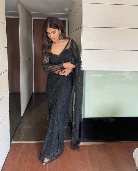 Captivating Black Net Saree with Cut Dana and Sequin Work, Paired with Sweetheart Neckline Blouse