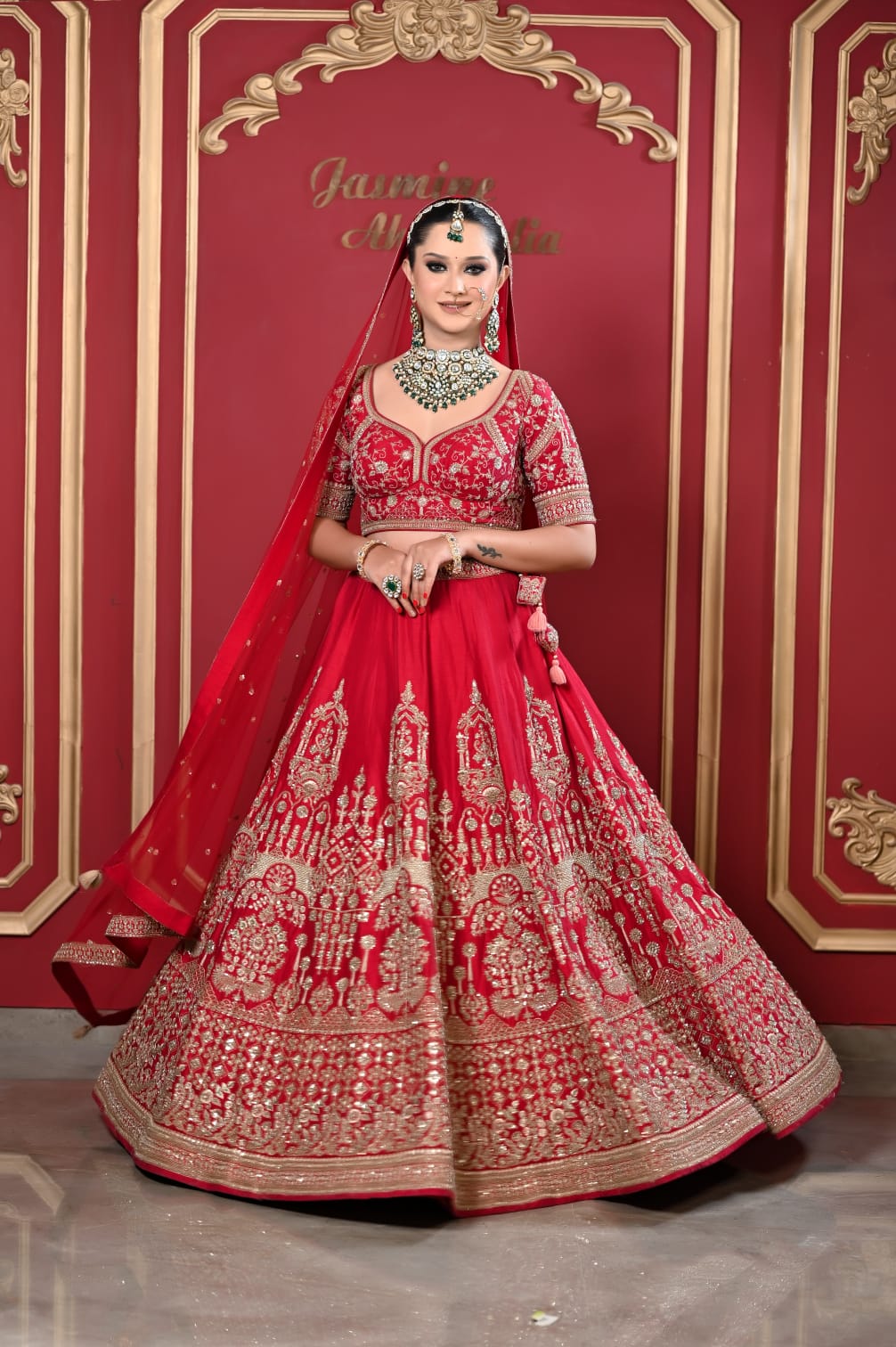Red Raw Silk Embellished Lehenga Set