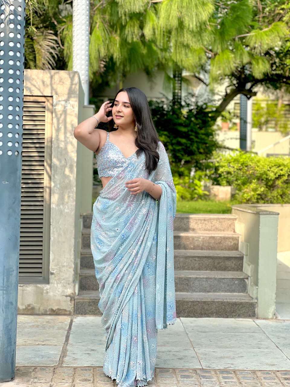 Sky blue Georgette Embroidered Saree