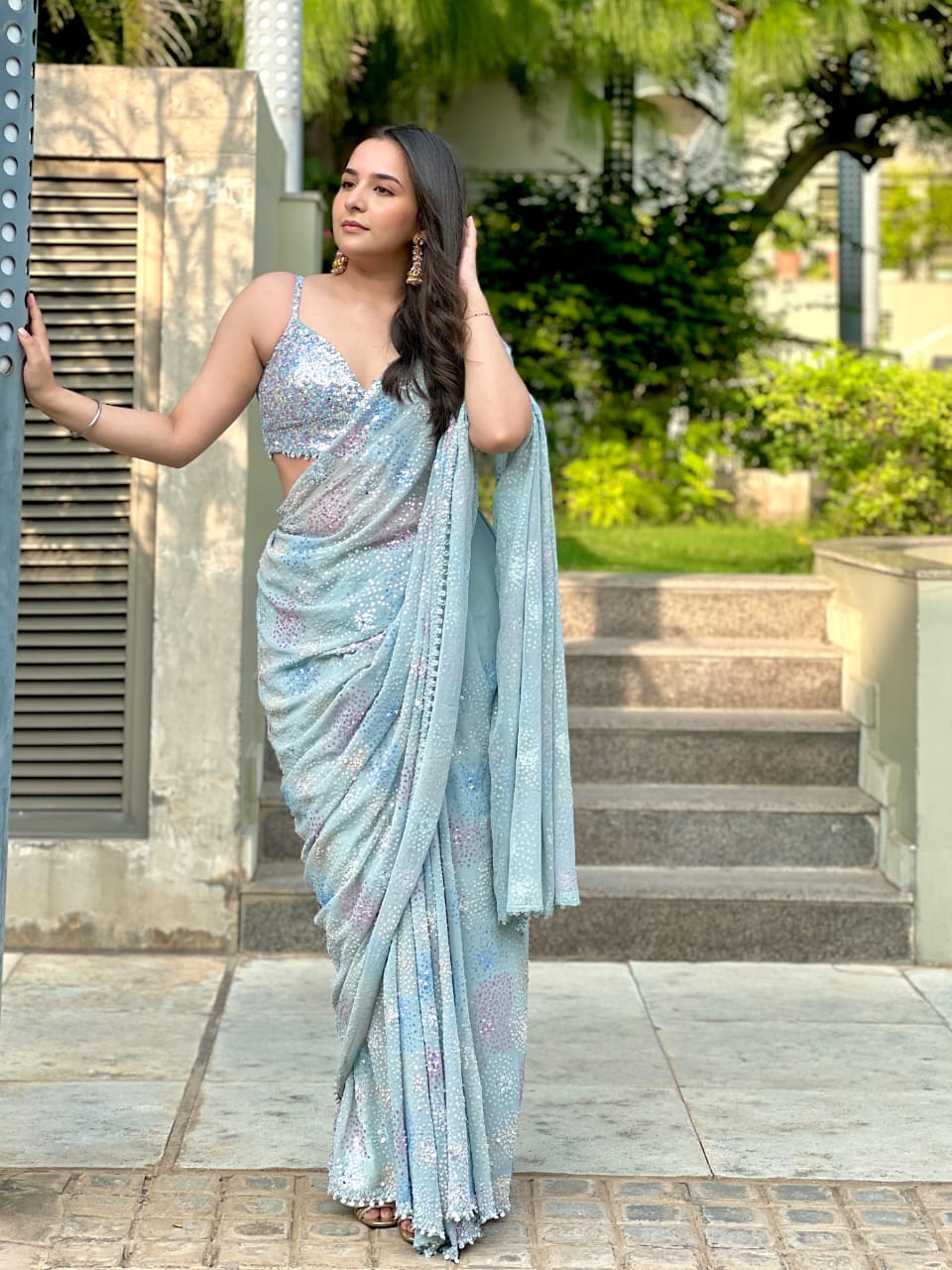 Sky blue Georgette Embroidered Saree