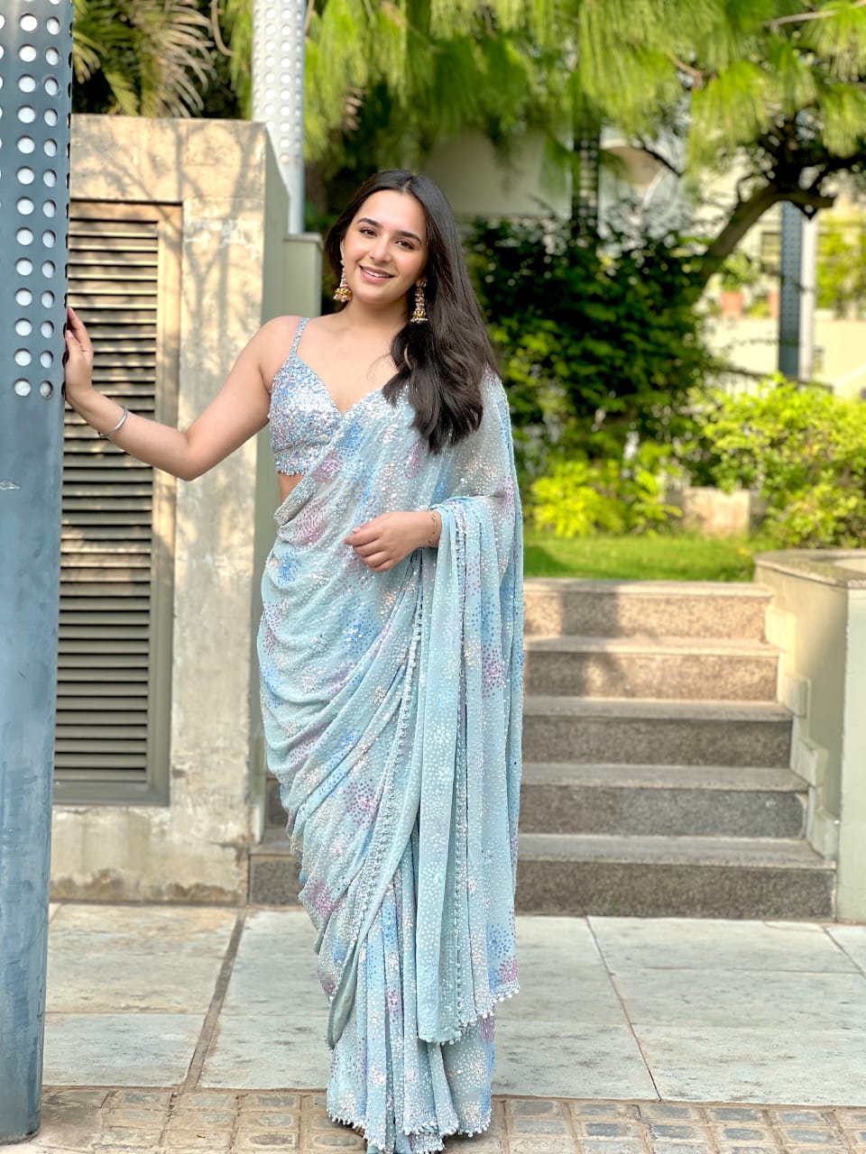 Sky blue Georgette Embroidered Saree