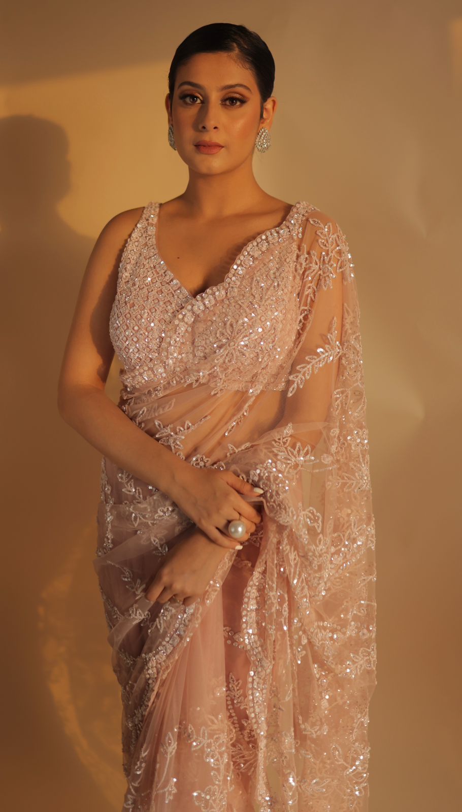 Peach Scalloped Saree with Pearls, Threads, and Sequins Embroidery