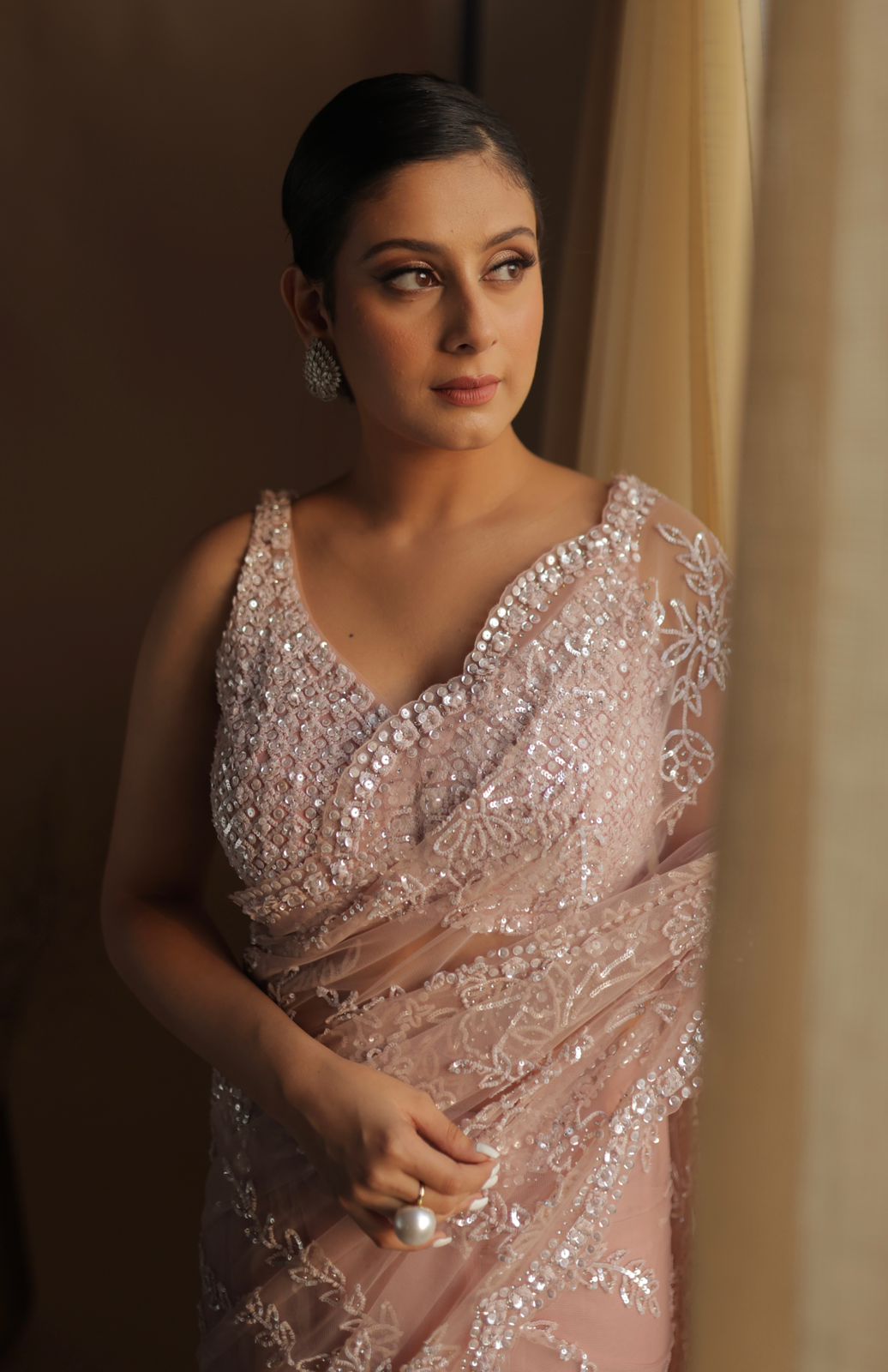 Peach Scalloped Saree with Pearls, Threads, and Sequins Embroidery