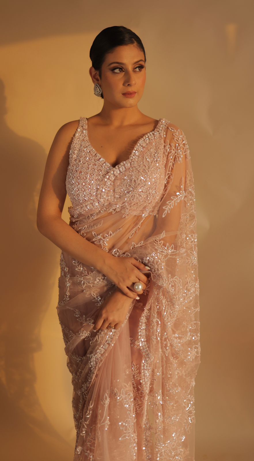 Peach Scalloped Saree with Pearls, Threads, and Sequins Embroidery