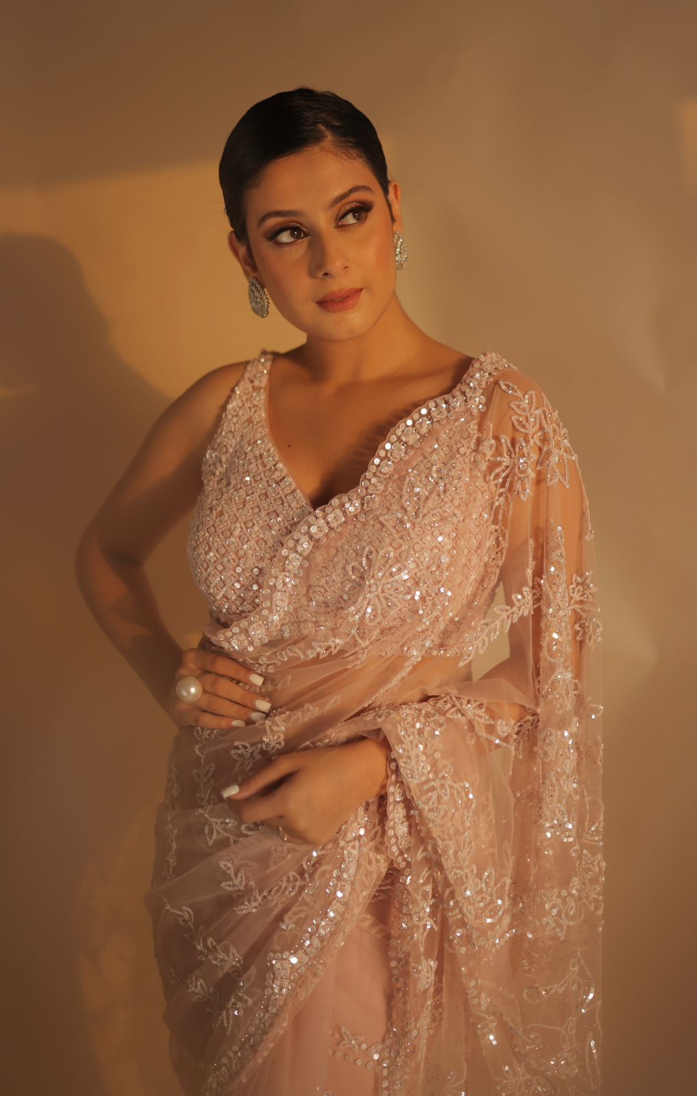 Peach Scalloped Saree with Pearls, Threads, and Sequins Embroidery
