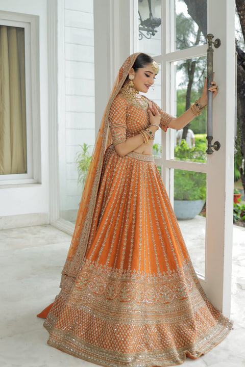 Mustard Orange Raw Silk Embroidery Sequin & Beads Sweetheart Neck Lehenga Set For Women