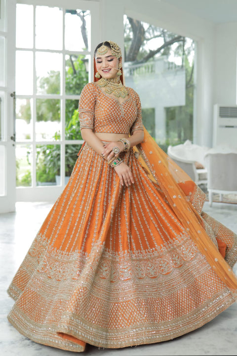 Mustard Orange Raw Silk Embroidery Sequin & Beads Sweetheart Neck Lehenga Set For Women