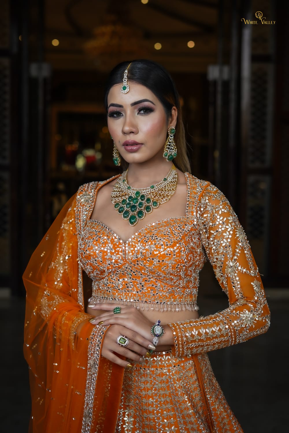 Blunt Orange Raw Silk Embroidery Sequin And Beads Sweetheart Neck Lehenga Set For Women