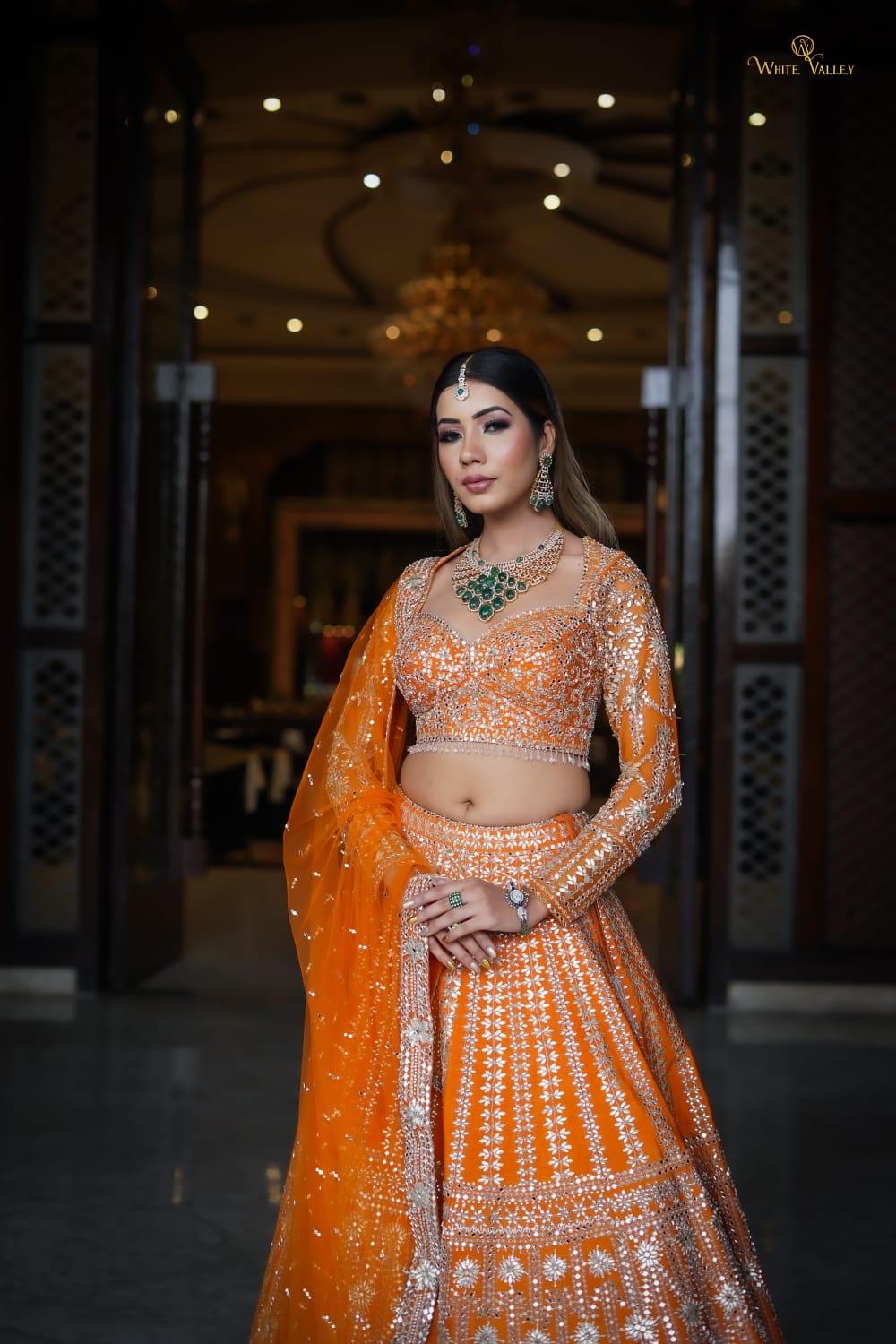 Blunt Orange Raw Silk Embroidery Sequin And Beads Sweetheart Neck Lehenga Set For Women
