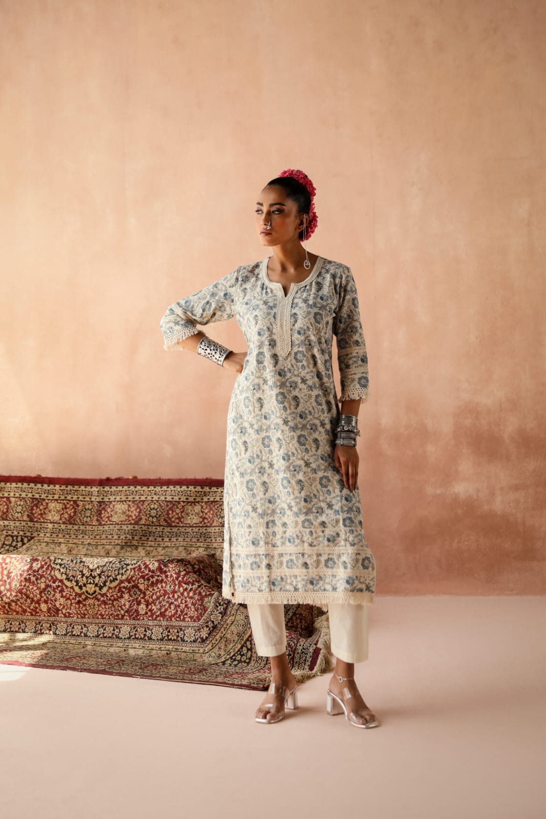 HERITAGE INDIA - HAND BLOCK PRINTED STRAIGHT COTTON KURTA SET (WITH PANT & DUPATTA)