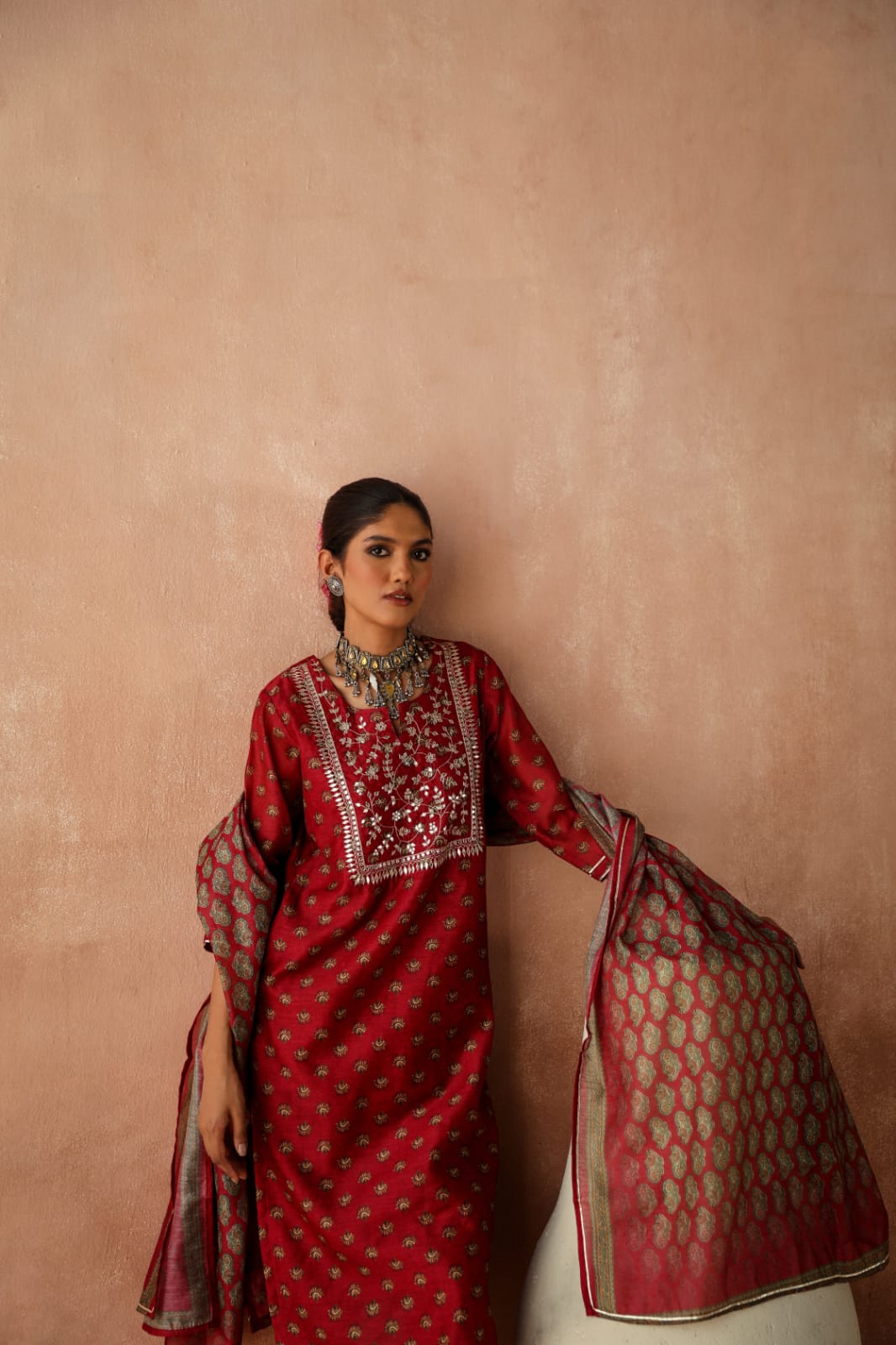 HERITAGE INDIA - MAROON CHANDERI KURTA SET (WITH PANT & DUPATTA)