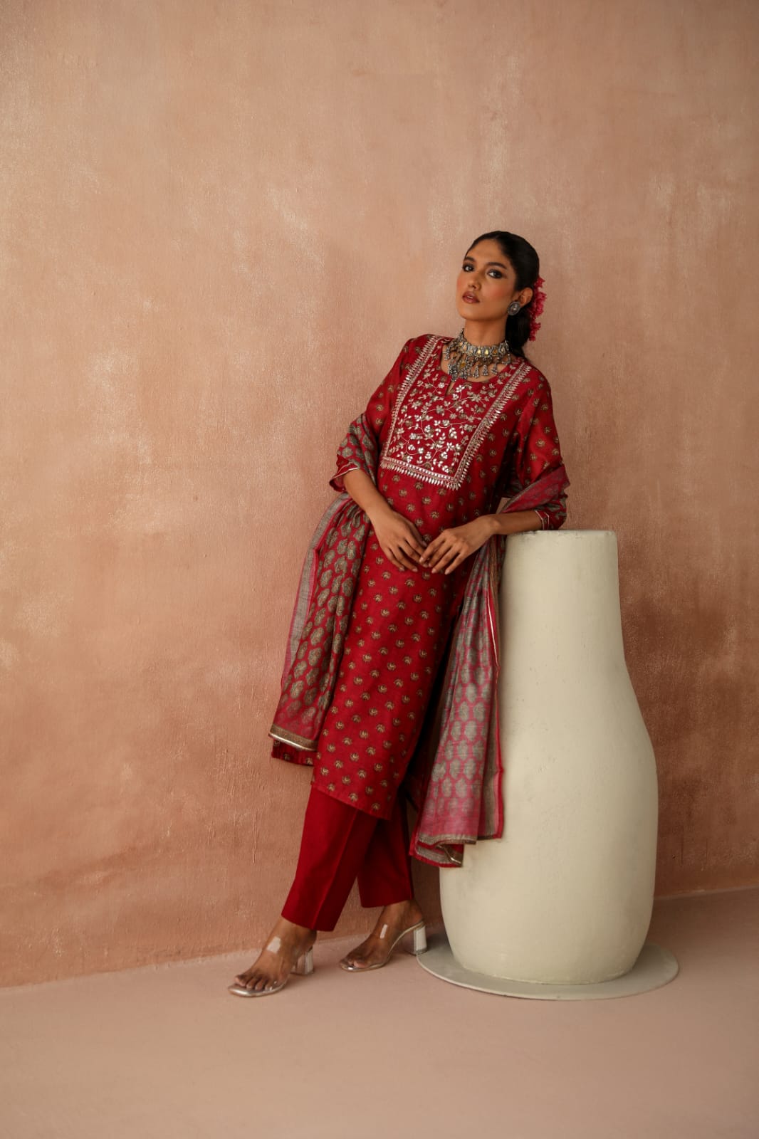 HERITAGE INDIA - MAROON CHANDERI KURTA SET (WITH PANT & DUPATTA)