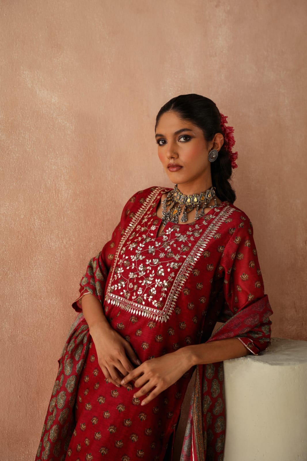 HERITAGE INDIA - MAROON CHANDERI KURTA SET (WITH PANT & DUPATTA)