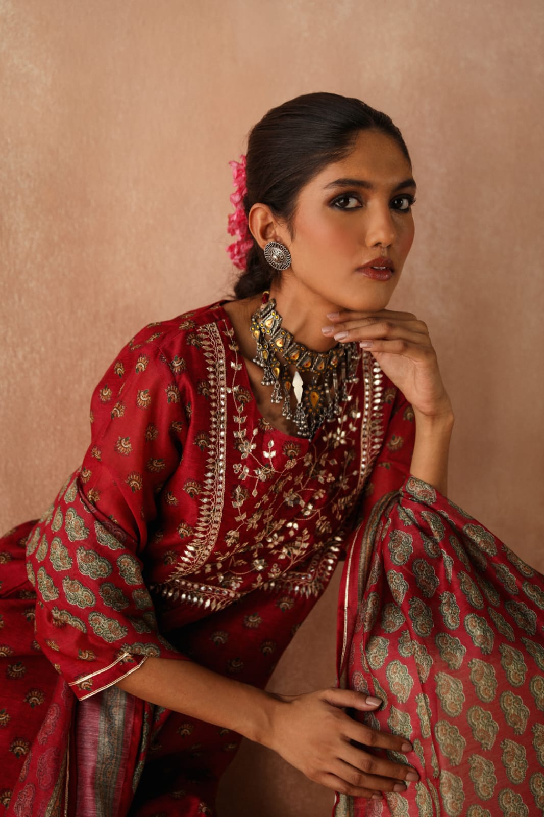 HERITAGE INDIA - MAROON CHANDERI KURTA SET (WITH PANT & DUPATTA)