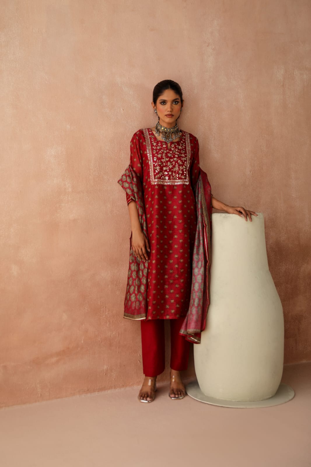 HERITAGE INDIA - MAROON CHANDERI KURTA SET (WITH PANT & DUPATTA)