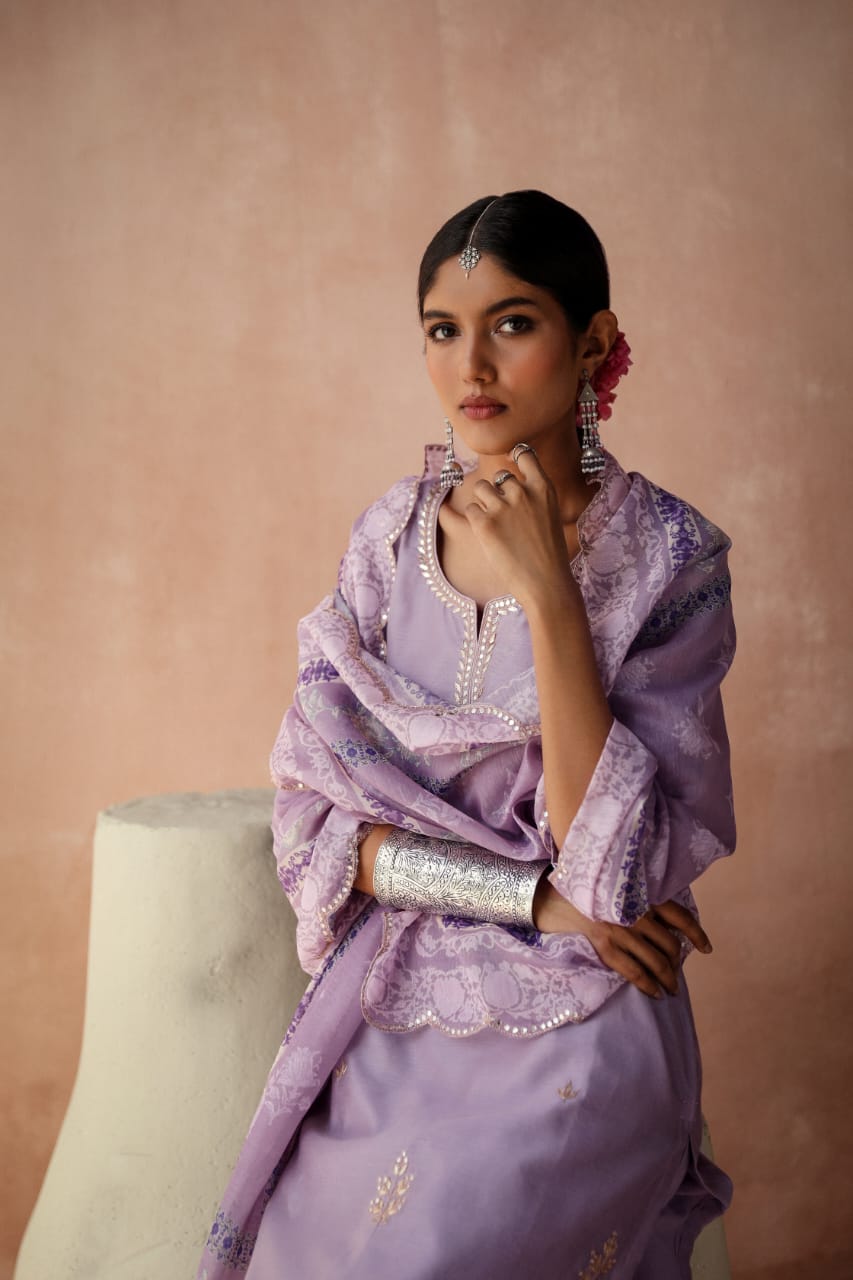 HERITAGE INDIA - LILAC CHANDERI KURTA SET (WITH PANT & DUPATTA)