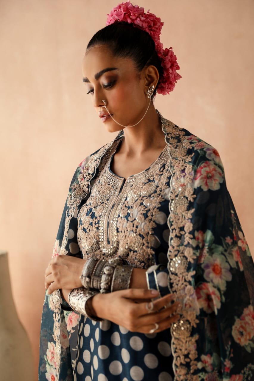 HERITAGE INDIA - BLUE CHANDERI KURTA SET (WITH PANT & DUPATTA)