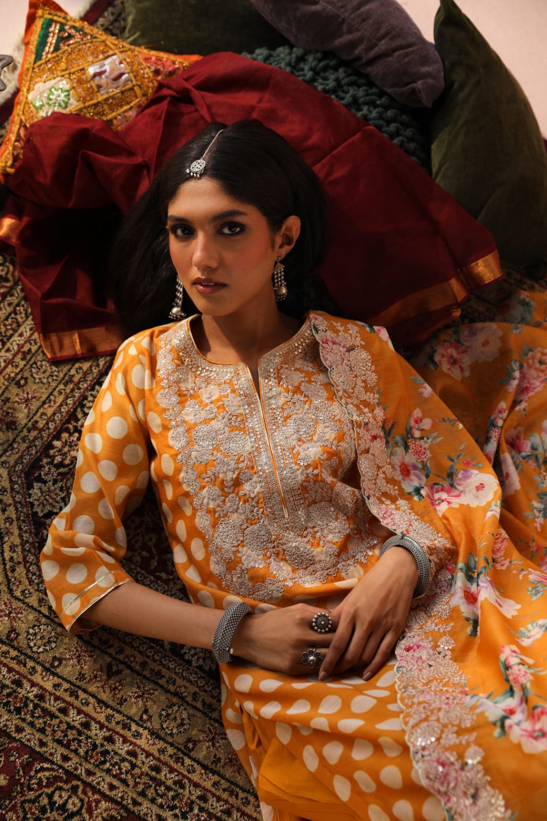 HERITAGE INDIA - YELLOW CHANDERI KURTA SET (WITH PANT & DUPATTA)