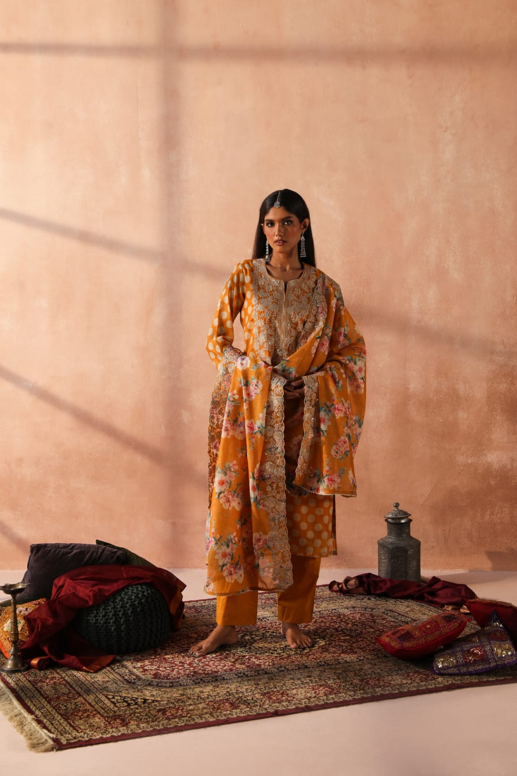 HERITAGE INDIA - YELLOW CHANDERI KURTA SET (WITH PANT & DUPATTA)