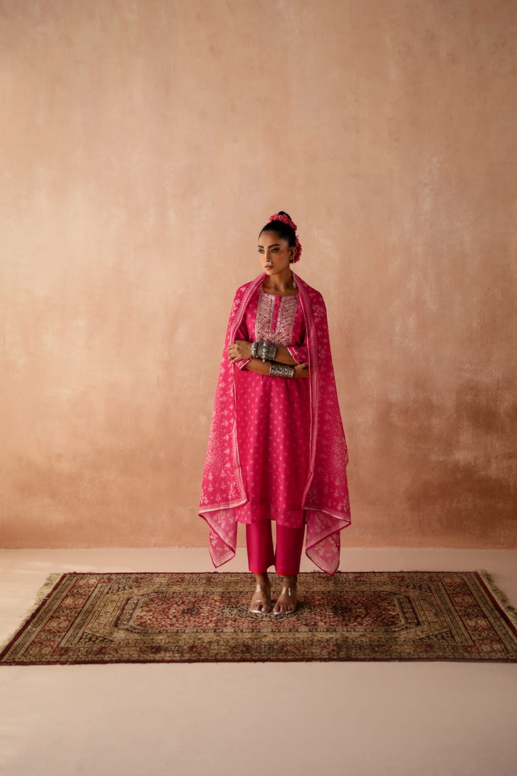 HERITAGE INDIA - PINK CHANDERI SUIT SET (WITH PANTS & DUPATTA)