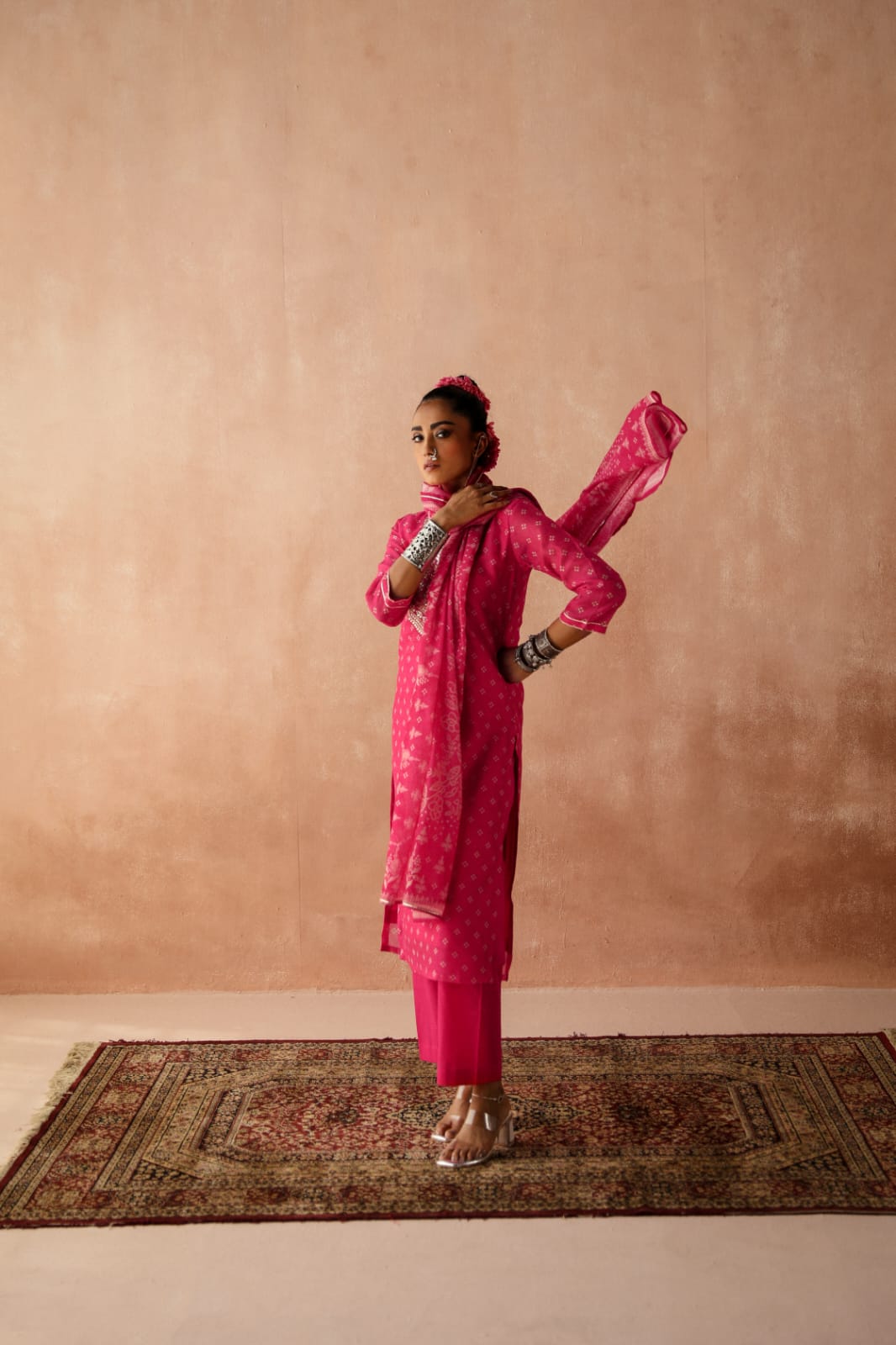 HERITAGE INDIA - PINK CHANDERI SUIT SET (WITH PANTS & DUPATTA)