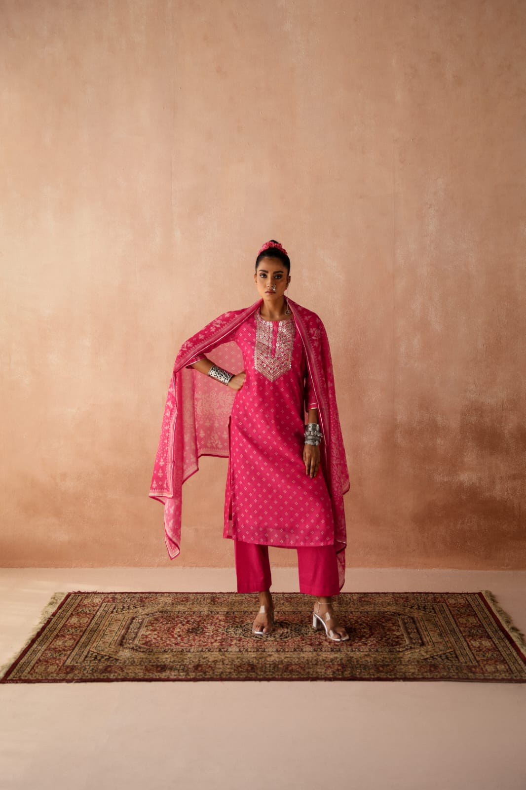 HERITAGE INDIA - PINK CHANDERI SUIT SET (WITH PANTS & DUPATTA)