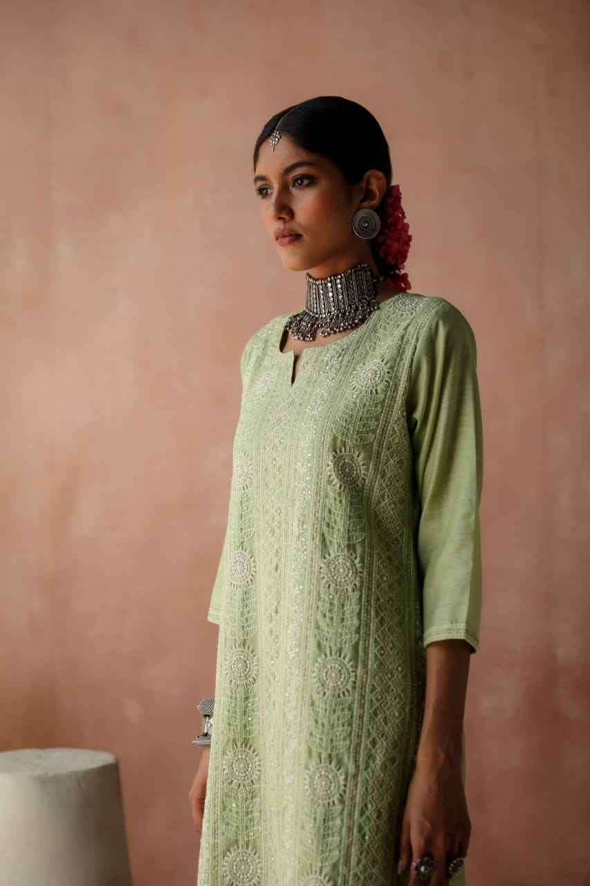 HERITAGE INDIA - PISTA CHICKANKARI SUIT SET (WITH PANTS)