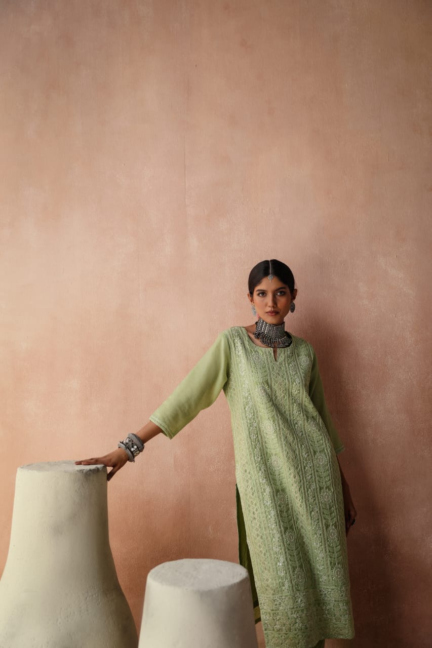 HERITAGE INDIA - PISTA CHICKANKARI SUIT SET (WITH PANTS)