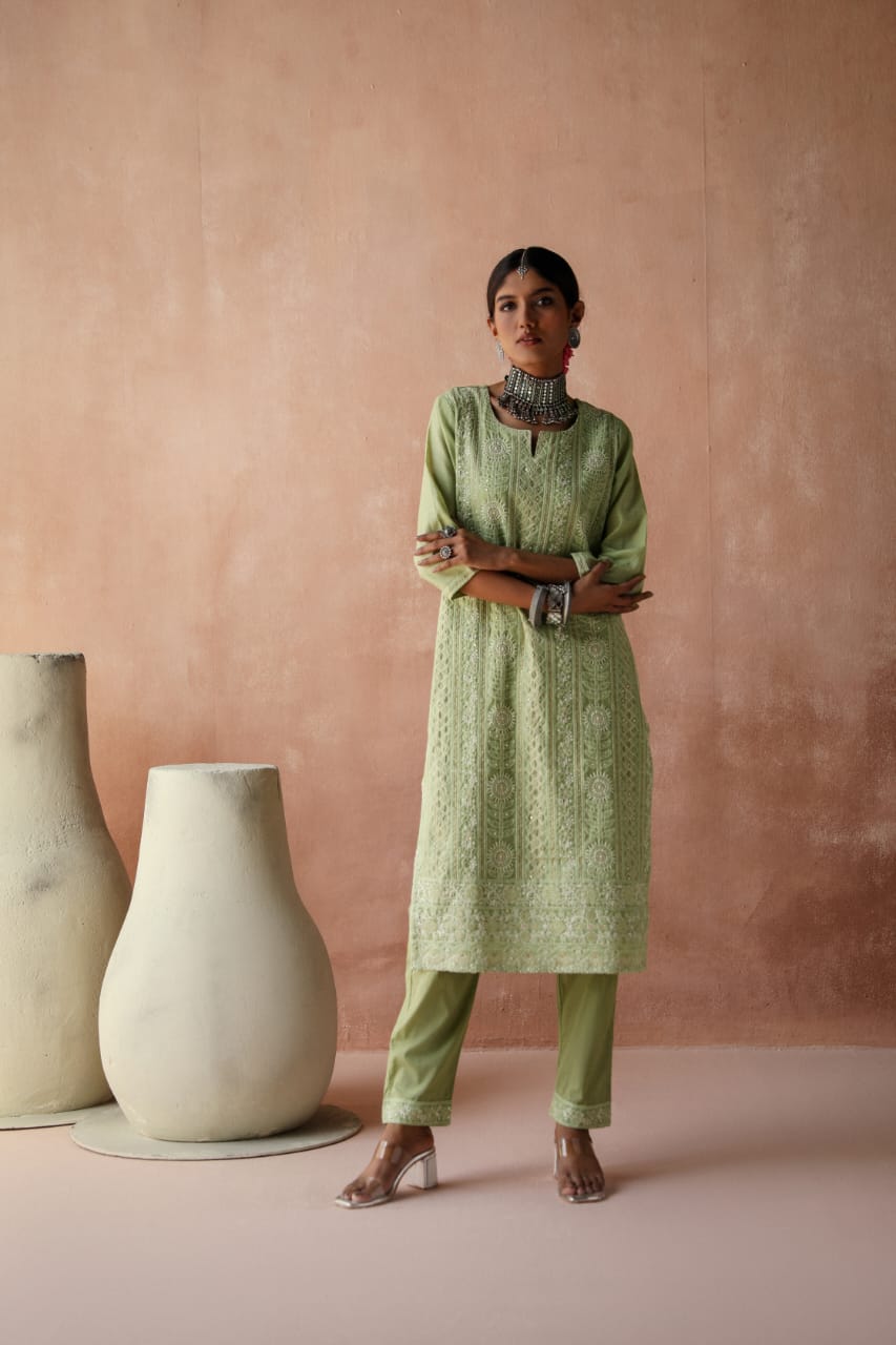 HERITAGE INDIA - PISTA CHICKANKARI SUIT SET (WITH PANTS)