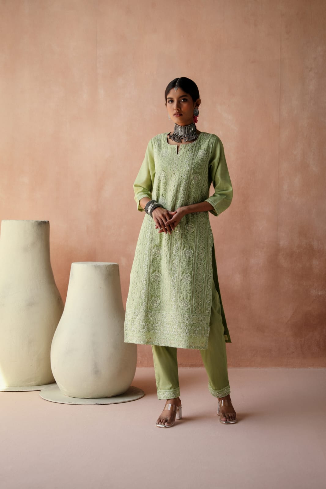 HERITAGE INDIA - PISTA CHICKANKARI SUIT SET (WITH PANTS)