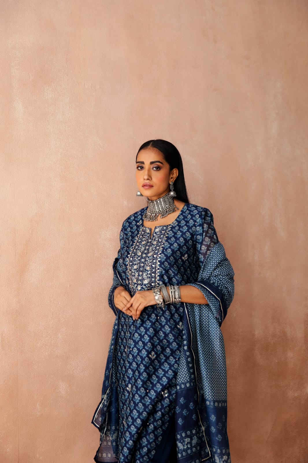 HERITAGE INDIA - NAVY CHANDERI KURTA SET (WITH PANT & DUPATTA)